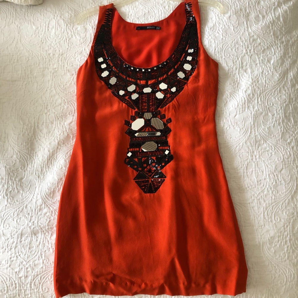 NWOT Seduce Orange Beaded Mirrored Dress